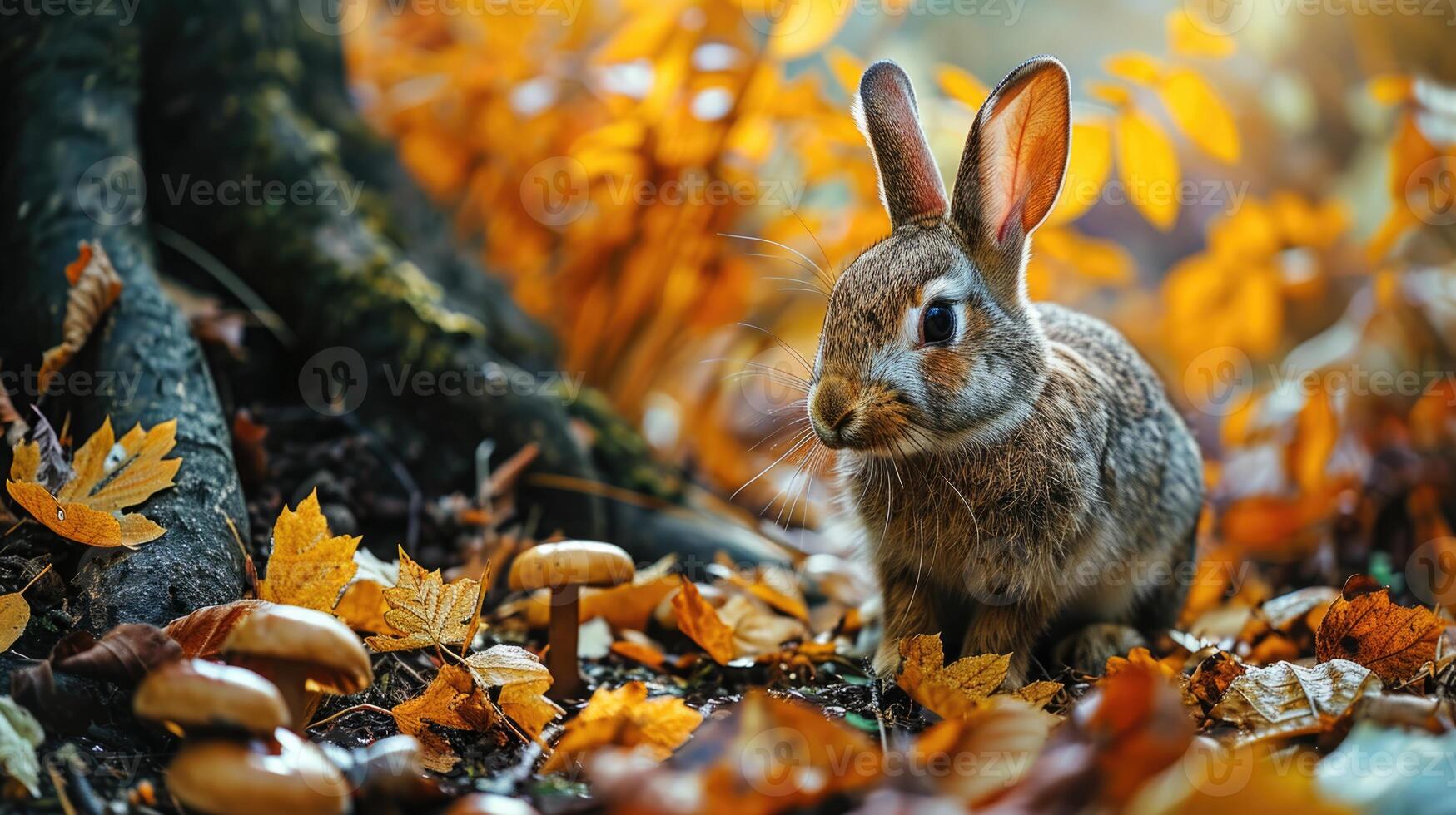 ai generado Conejo en el otoño bosque cerca hongos. linda Conejo en el bosque. foto