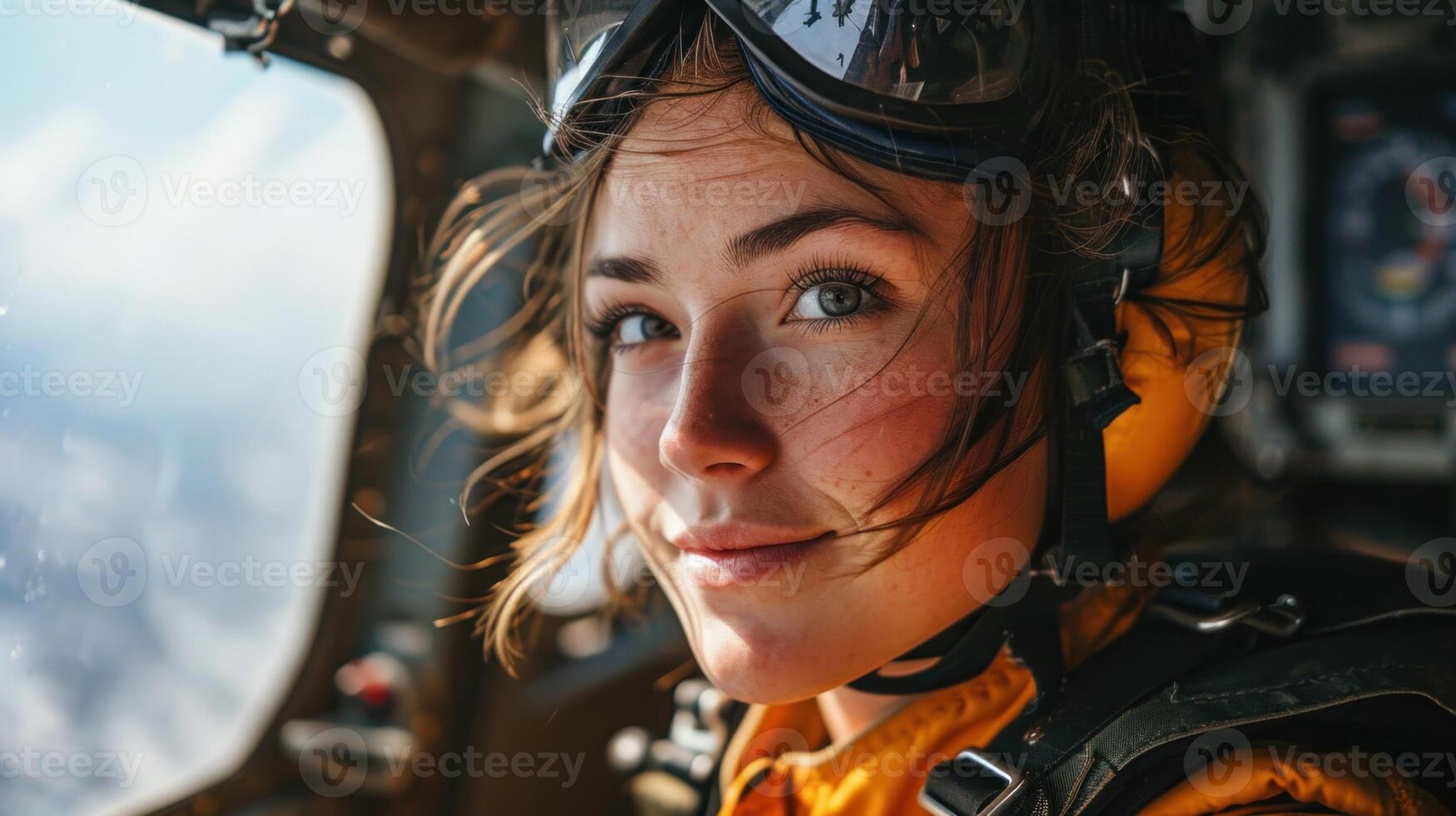 AI generated Portrait of a young woman parachutist in the cockpit of a helicopter photo