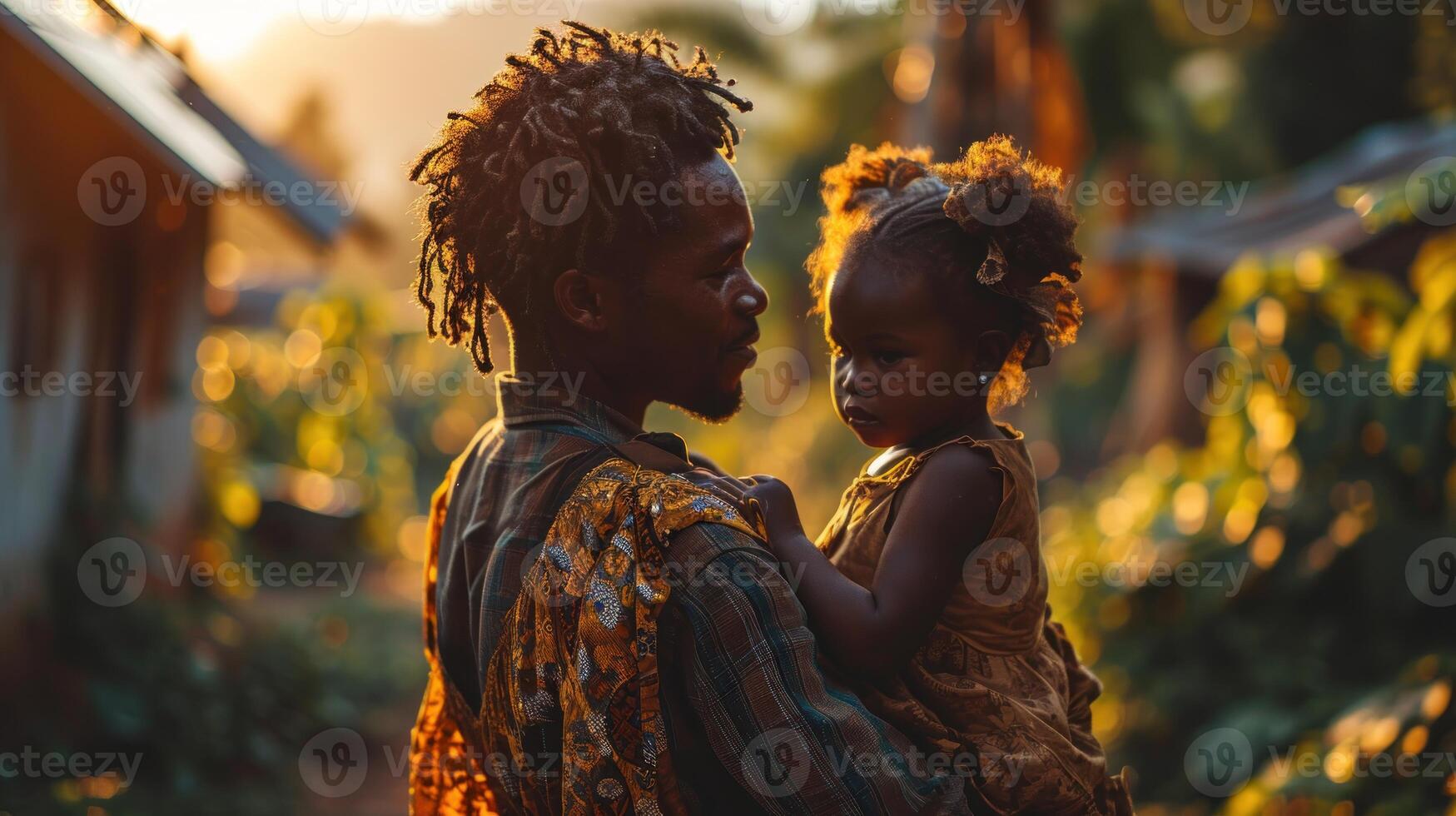 AI generated African father and his daughter walking in the garden at sunset. Family concept. photo