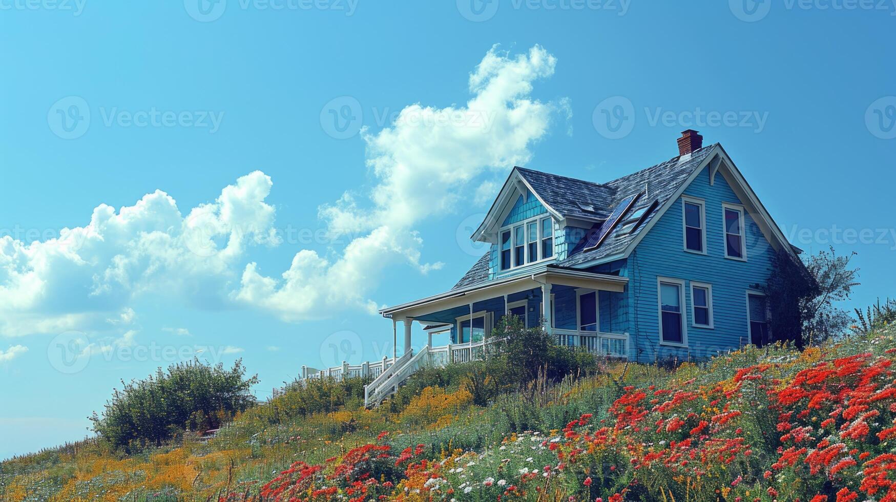 AI generated Blue house on the hillside with flowers and blue sky with clouds photo