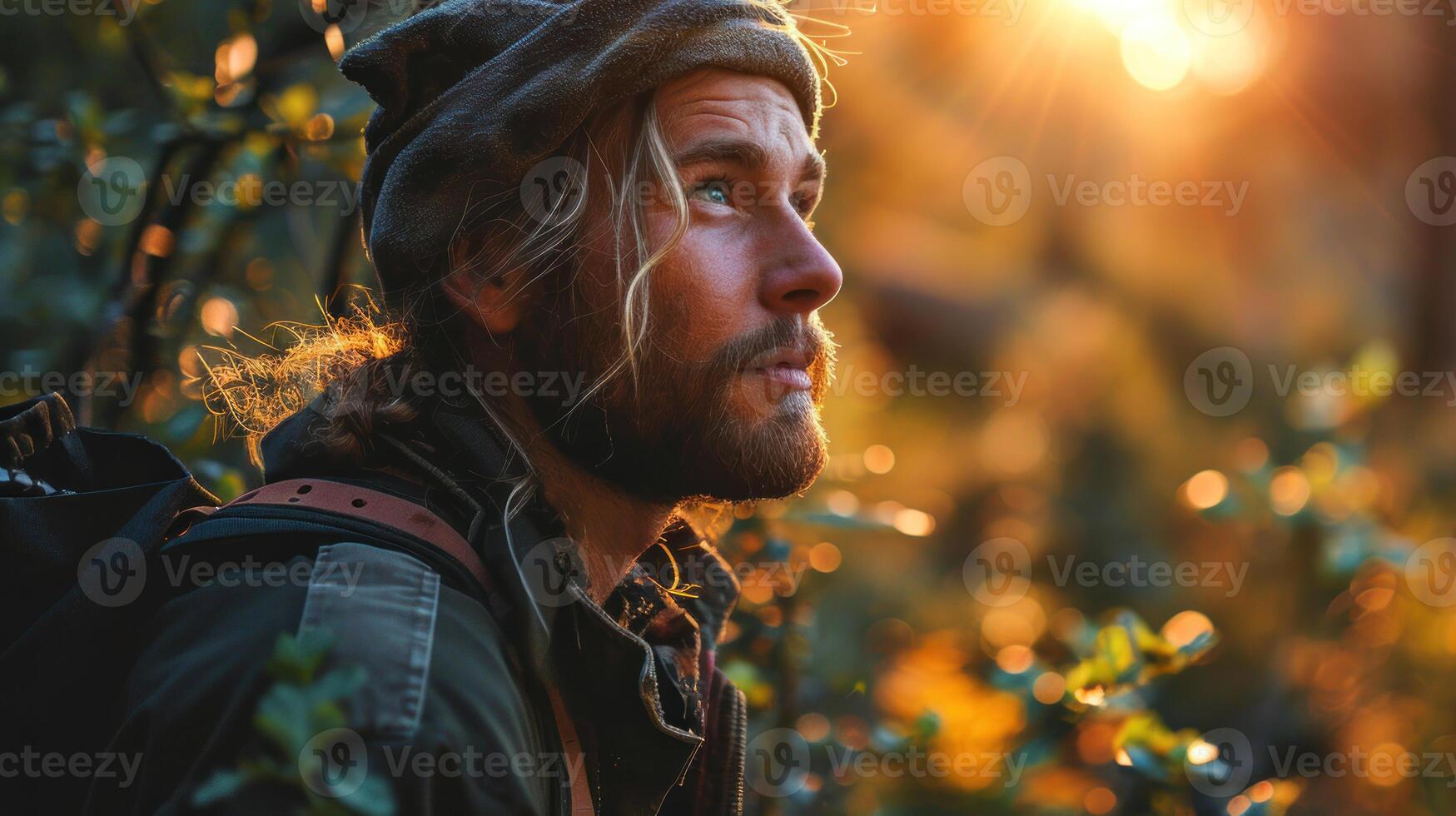 AI generated Portrait of a handsome hipster bearded man with long hair in a hat and a jacket on the background of the forest. photo