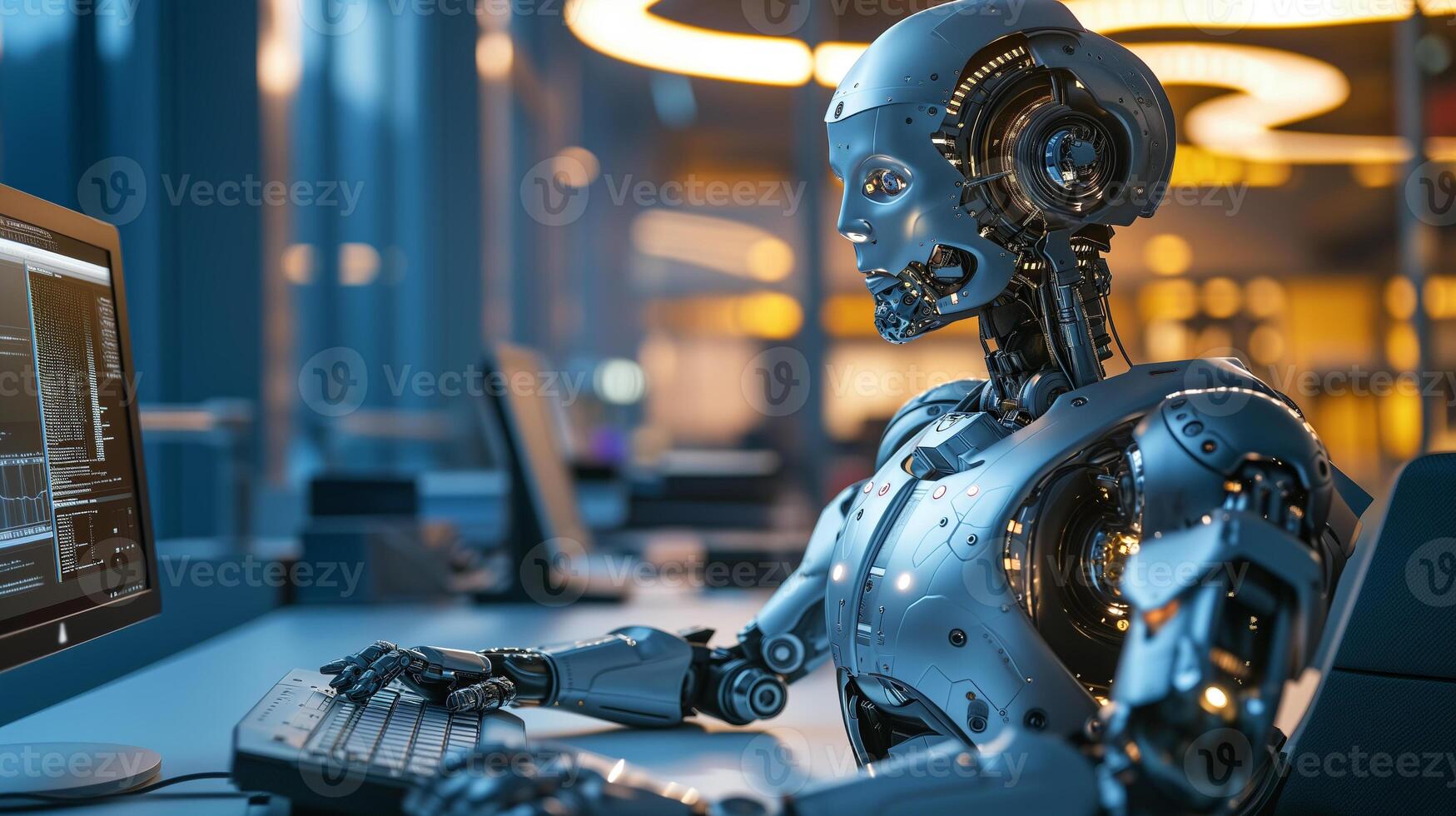 AI generated Future financial technology controlled by AI robot using machine learning and artificial intelligence to analyze business data and give advice on investment and trading decision photo