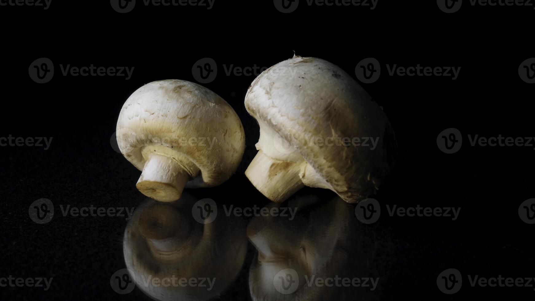 Champignons on a black background. Frame. Two mushrooms isolated on black reflective background. photo