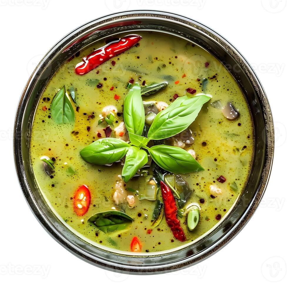 AI generated Vibrant Green Curry - Thai Dish Isolated on White, Top View photo