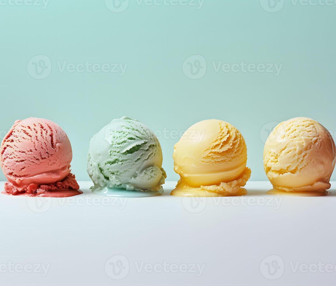 AI generated Assorted Chocolate Mint Ice Cream Flavors - Four Scoops on White Background in Light Yellow and Dark Aquamarine Style photo