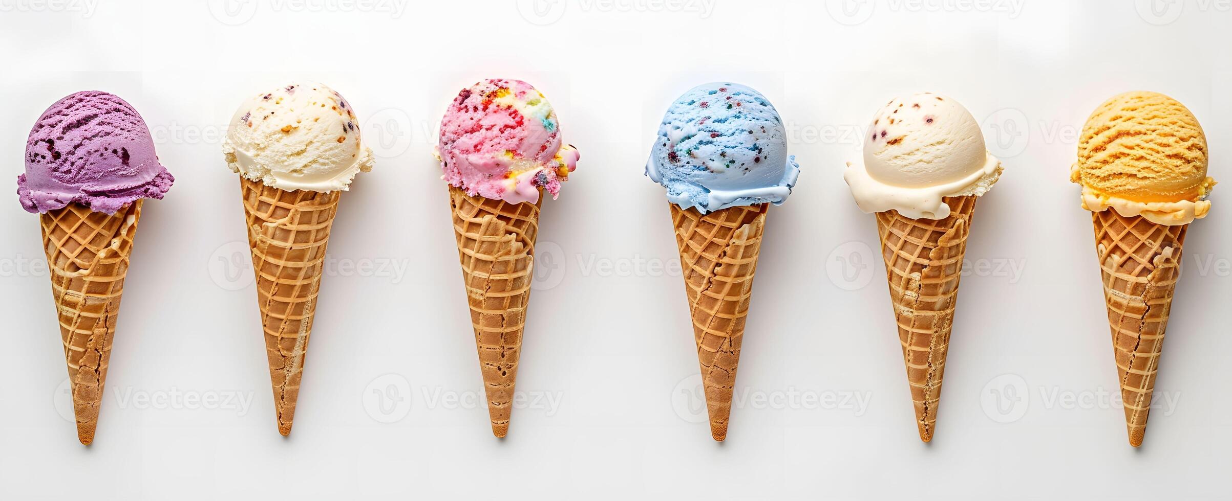 AI generated six Waffle Ice Cream Cones - A Delightful Treat on a White Canvas photo