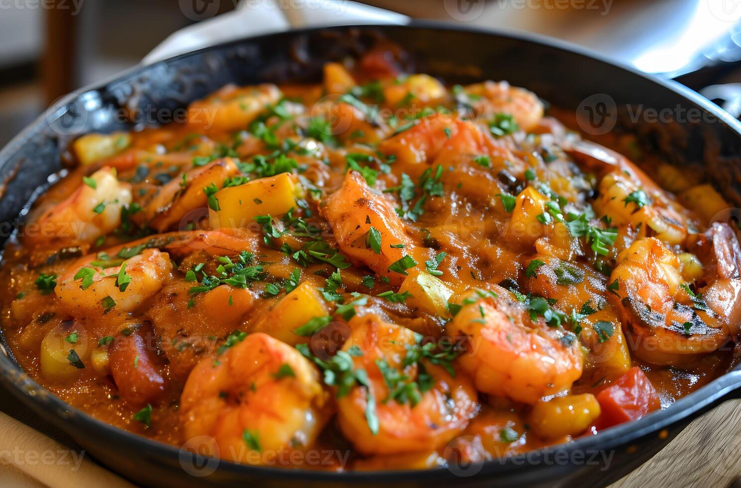 AI generated Spanish Seafood Enchilada Paella - A Fusion of Flavors in a Black Iron Pan closeup view photo