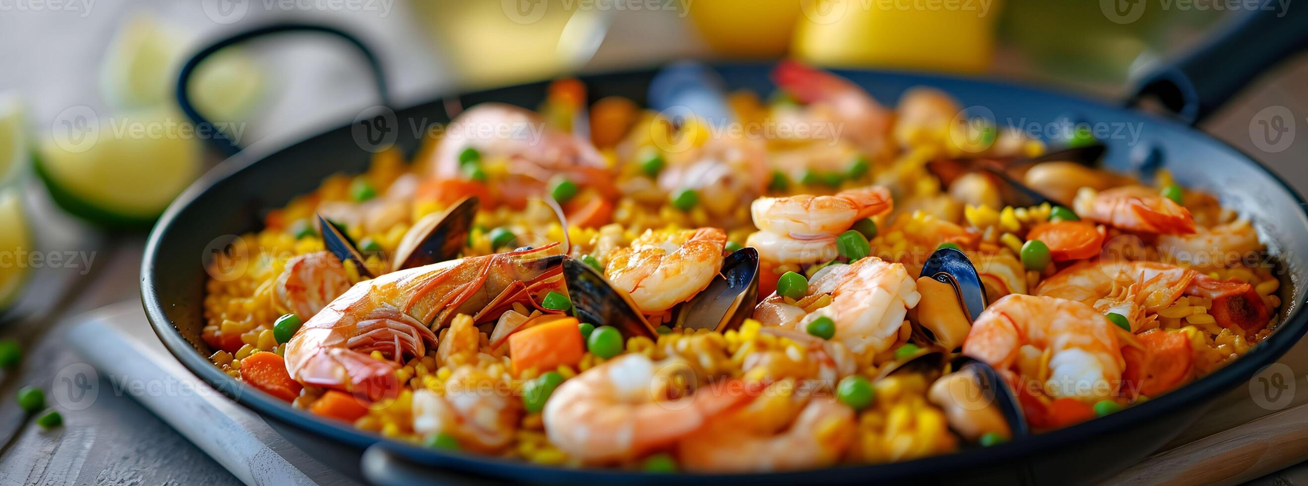 ai generado tradicional Español paella - auténtico culinario deleite con minimalista fondo, de cerca ver foto