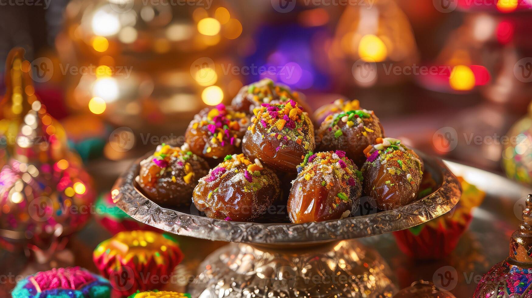 AI generated Eid Mubarak - Festive Ramadan Date Dessert in a Vibrant Celebration Setting photo