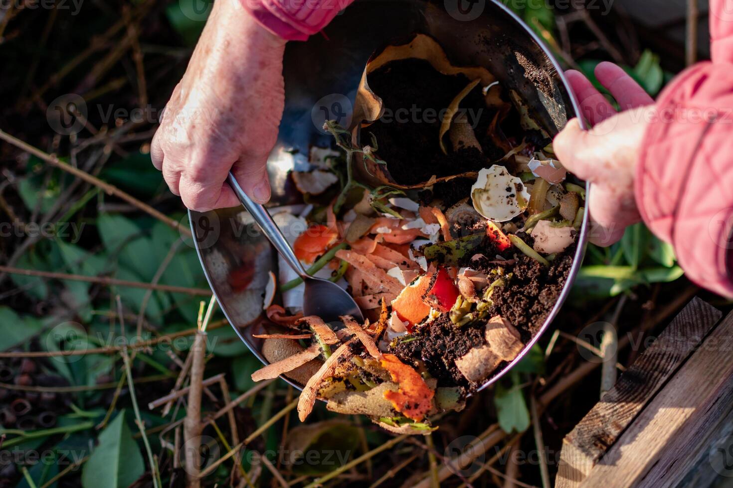 Person who put in a composter some kitchen waste like vegetables, fruits, eggshell, coffee grounds in order to sort and make bio fertilizer photo