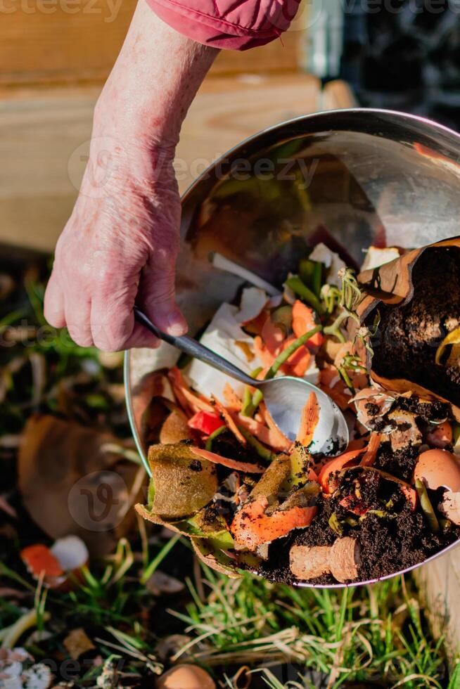 Person who put in a composter some kitchen waste like vegetables, fruits, eggshell, coffee grounds in order to sort and make bio fertilizer photo