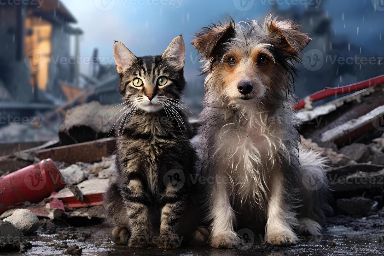 AI generated alone and hungry pets after disaster on the background of house rubble, neural network generated image photo