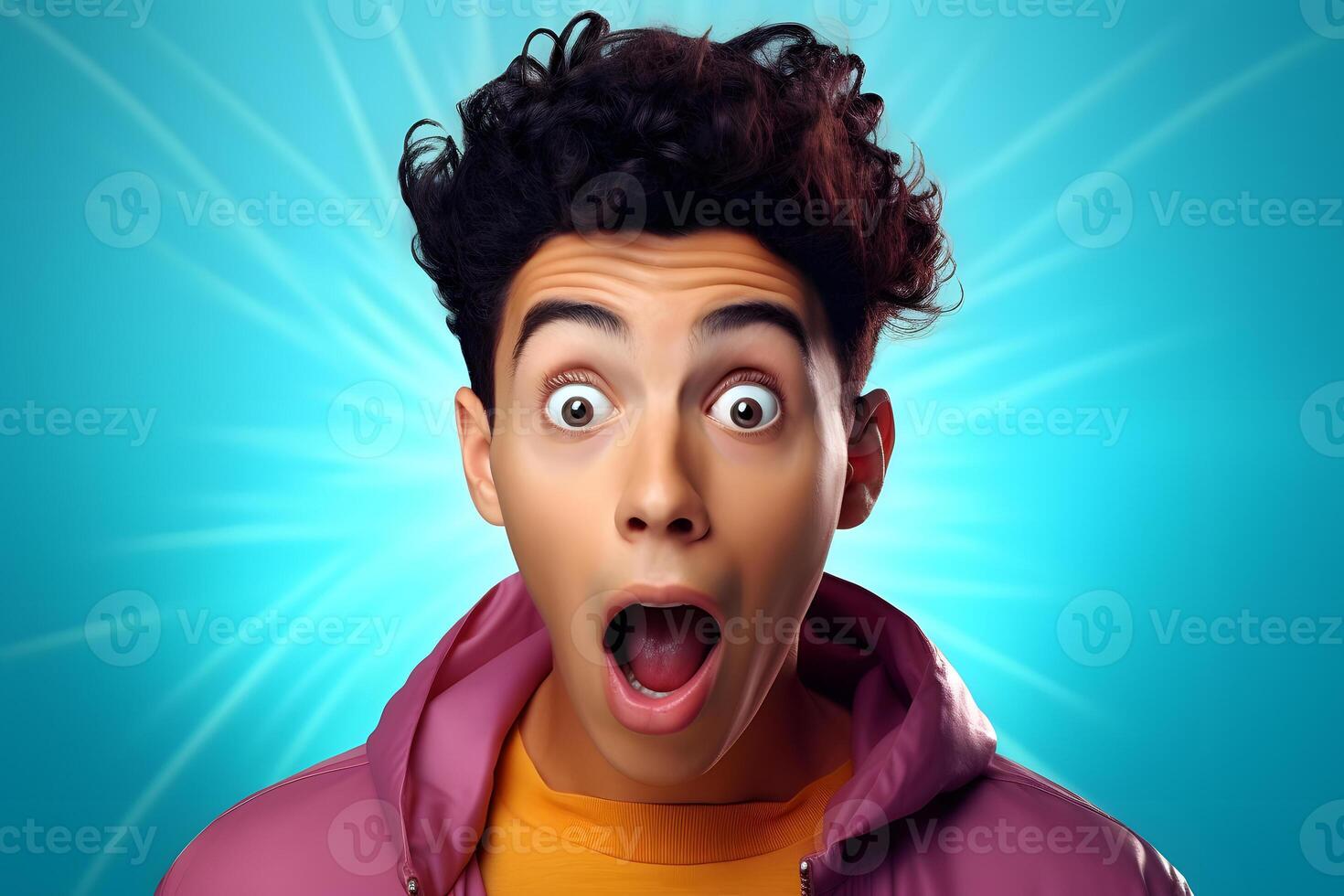 AI generated Surprised young adult Latin American man on blue background. Neural network generated photorealistic image. photo