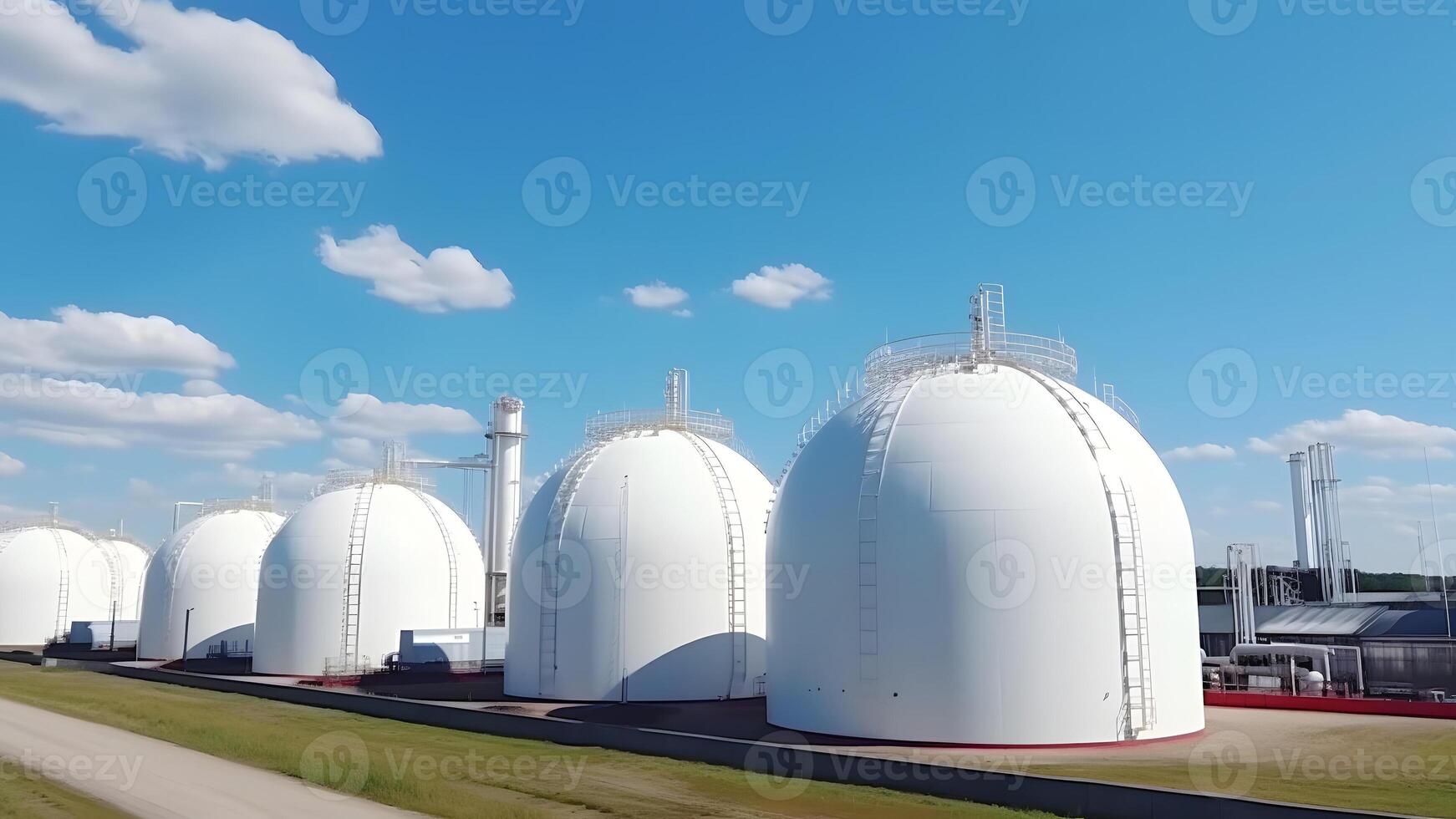 AI generated white spherical tanks for storing hydrogen gas at outdoor storage facility, neural network generated image photo