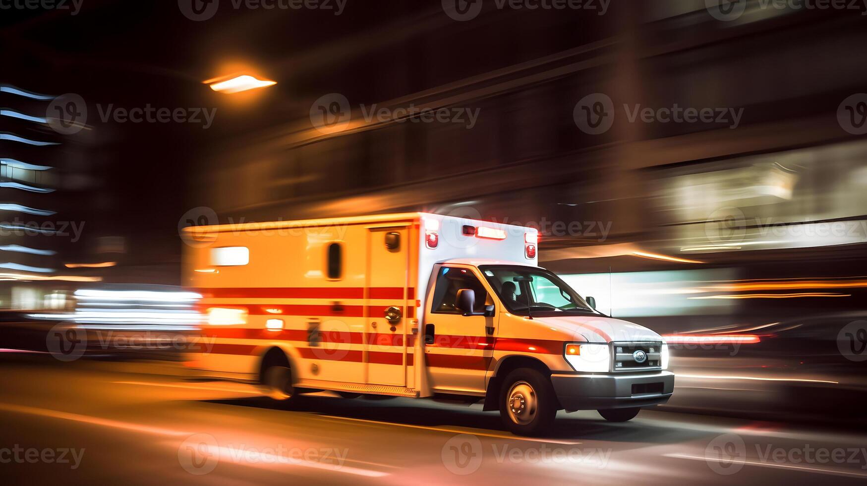 ai generado emergencia ambulancia coche Moviente rápido en noche americano ciudad céntrico distrito con movimiento difuminar, neural red generado Arte foto