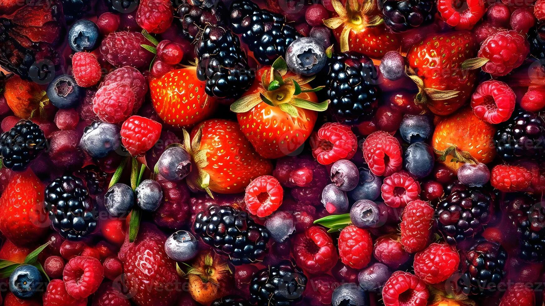 AI generated Berry mix photorealistic colorful full-frame closeup high angle view background, neural network generated image photo
