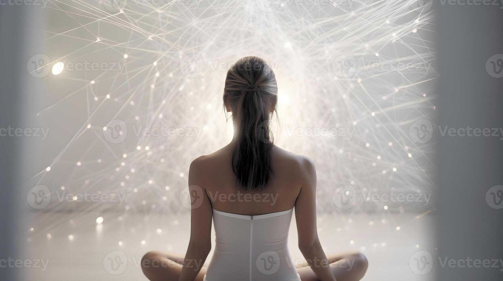 AI generated woman sitting in meditative lotus position in front of and surrounded with network of connected flying glowing spots, neural network generated art photo