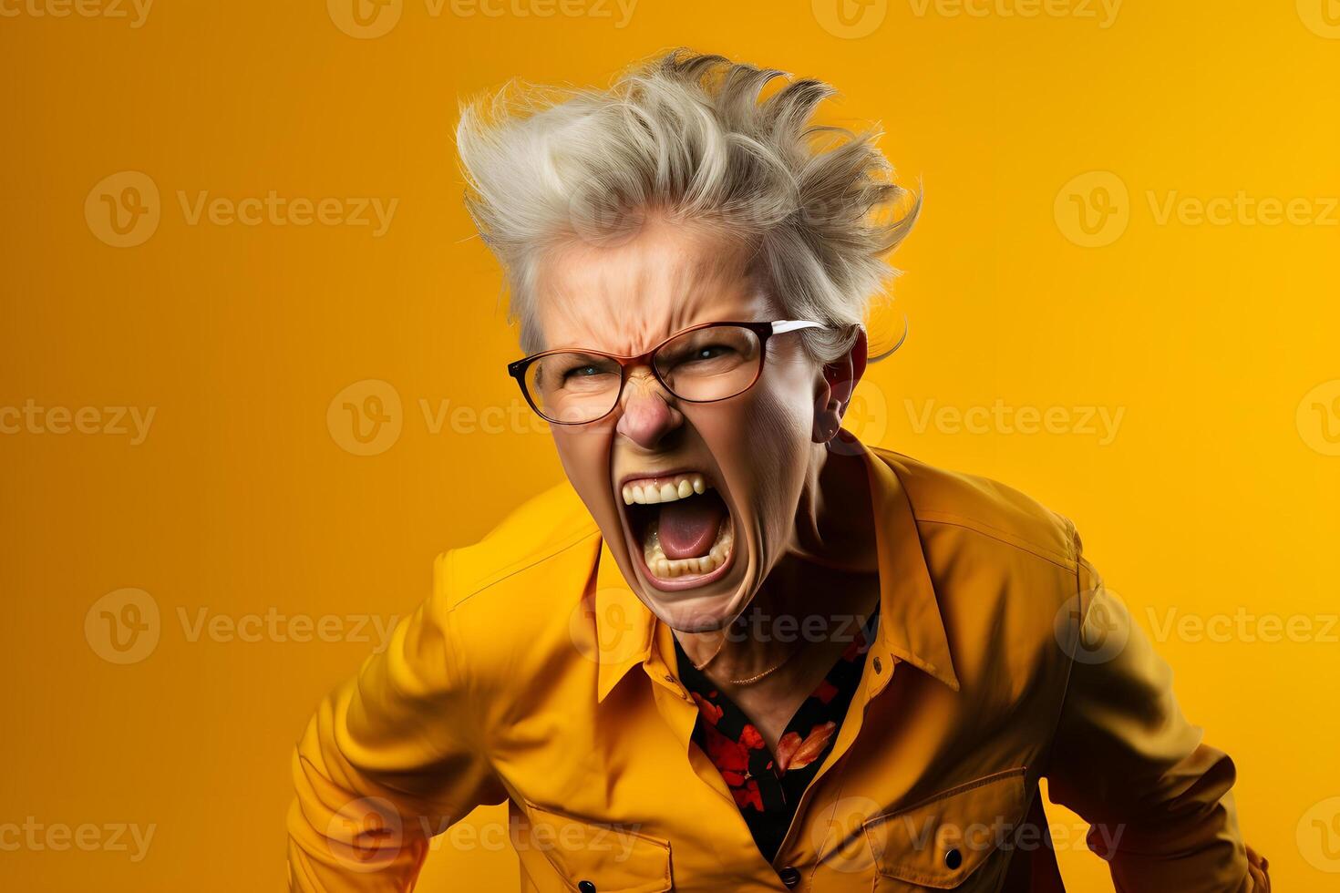 AI generated Angry senior Caucasian woman yelling, head and shoulders portrait on yellow background. Neural network generated photorealistic image. photo