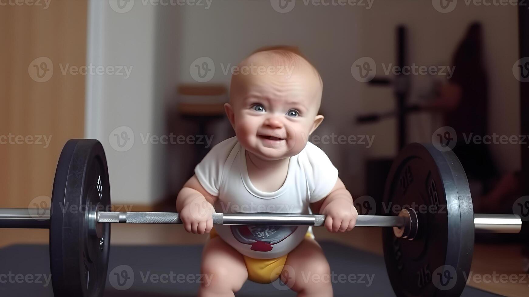 AI generated ittle smiling caucasian strong baby boy lifts a 400 kg barbell, neural network generated image photo