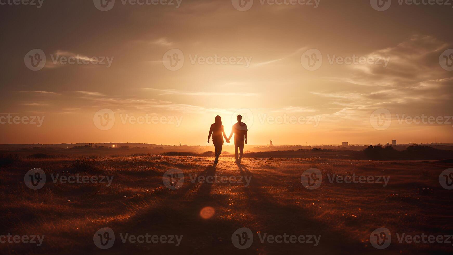 AI generated A heterosexual human couple silhouettes holding hands and walking towards dawn at summer field, neural network generated photorealistic image photo
