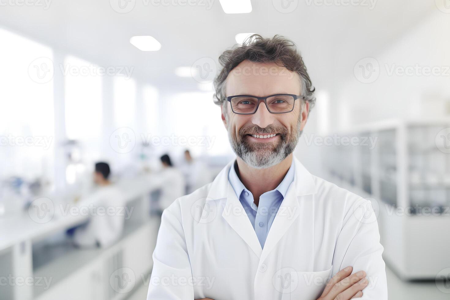 ai generado retrato de sonriente masculino científico en laboratorio, neural red generado imagen foto