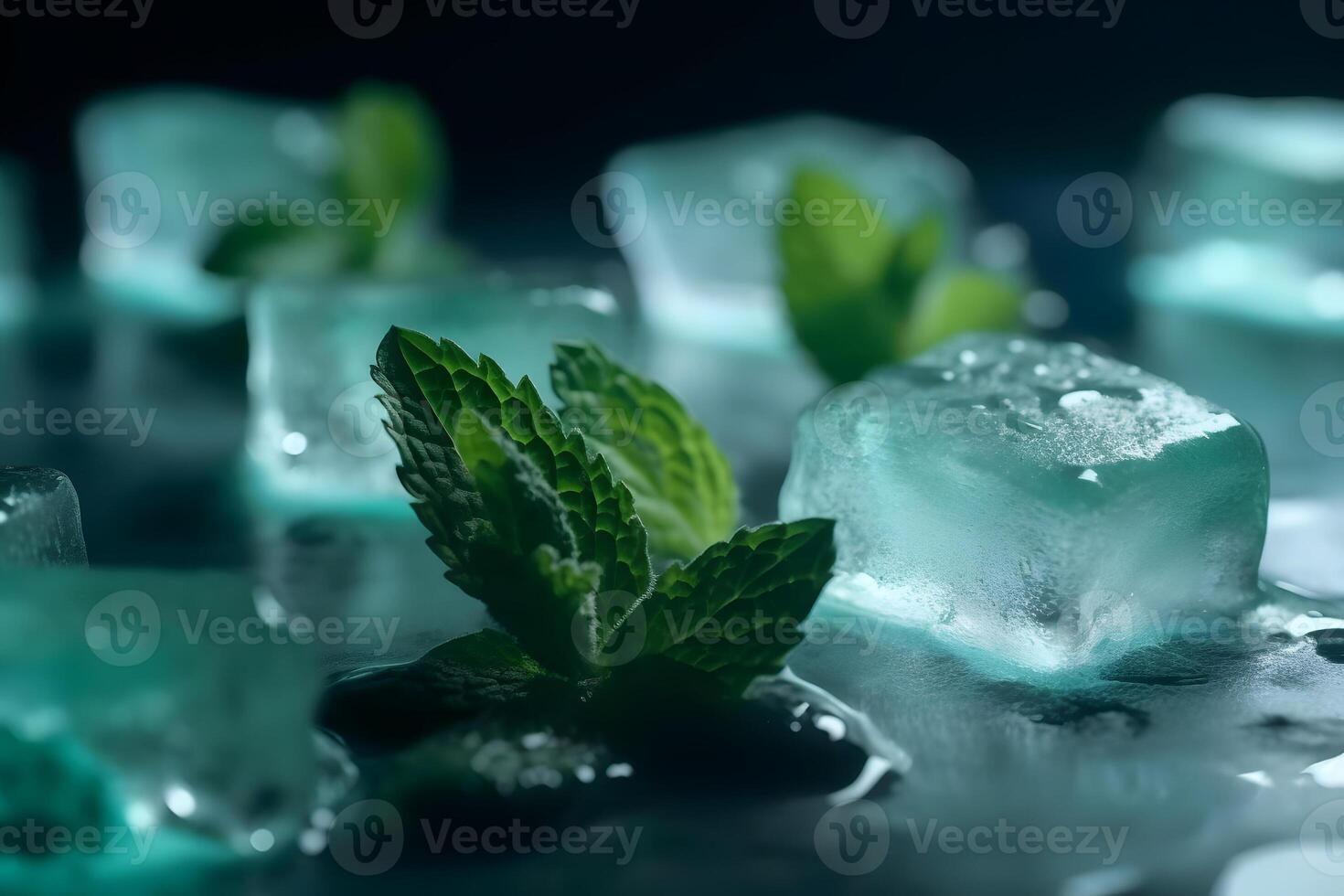 AI generated Ice cubes with fresh green mint leaves closeup on dark background, neural network generated image photo