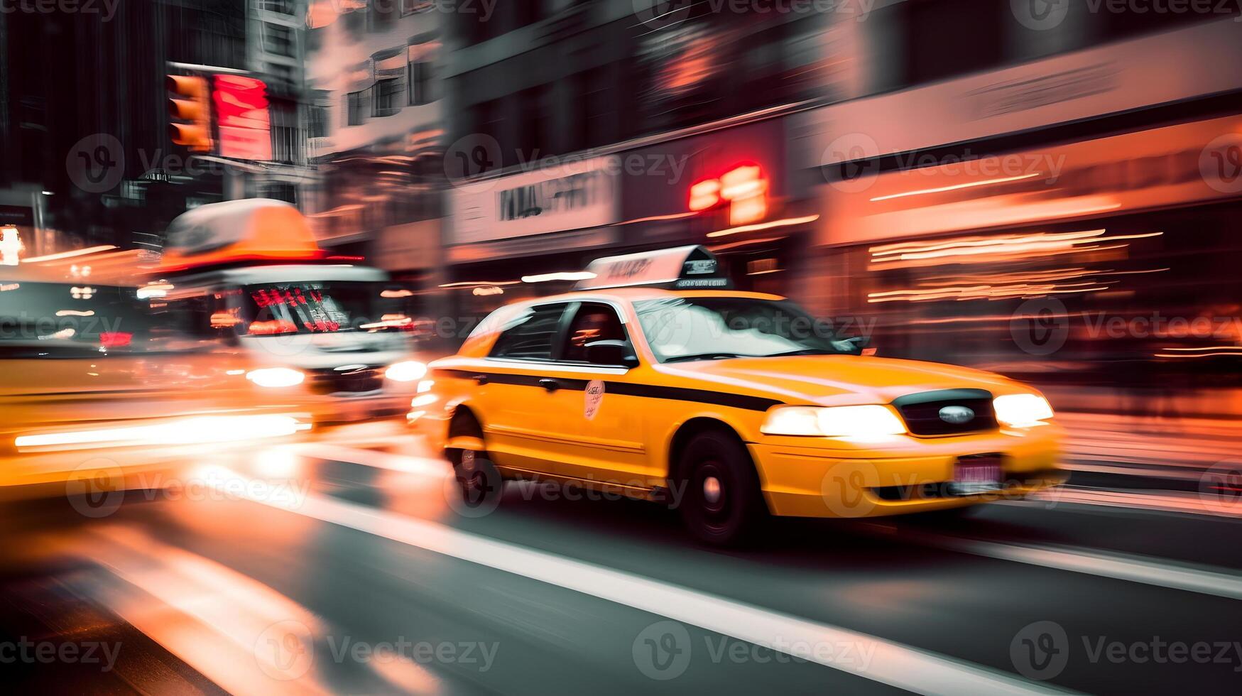 ai generado amarillo Taxi coche Moviente rápido en noche americano ciudad céntrico distrito con movimiento difuminar, neural red generado Arte foto