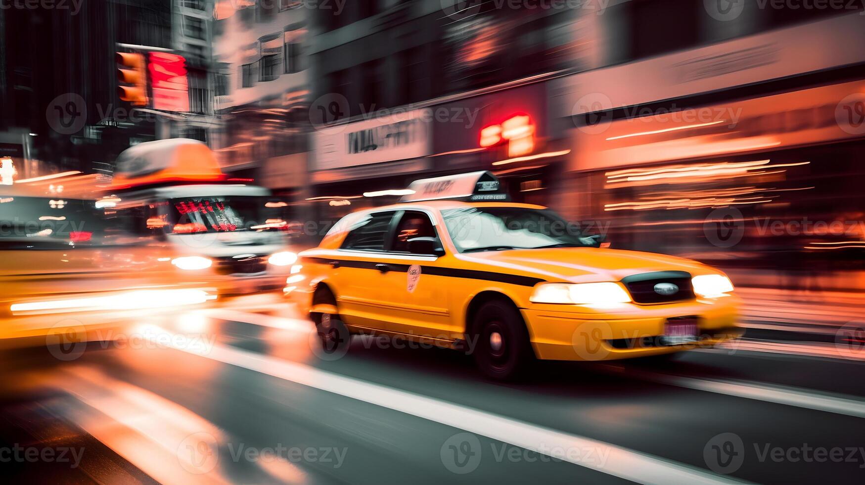 AI generated yellow taxi car moving fast on night american city downtown district with motion blur, neural network generated art photo