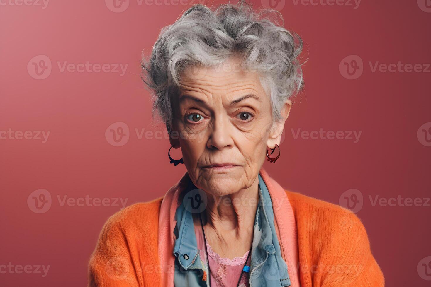 AI generated Portrait of senior gray-haired Caucasian woman on brown background. Neural network generated photorealistic image. photo