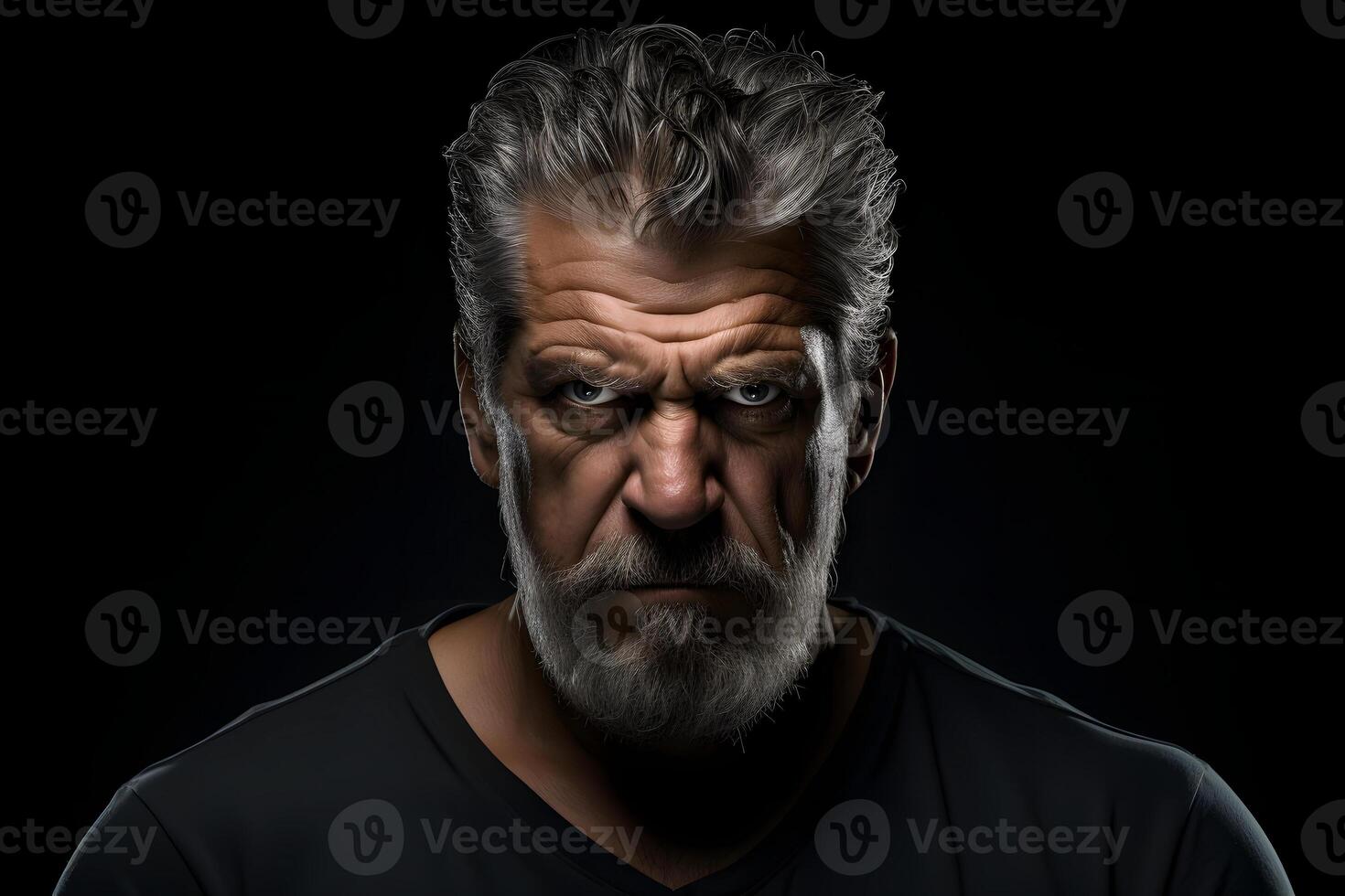 AI generated Angry mature Caucasian man, head and shoulders portrait on black background. Neural network generated photorealistic image photo