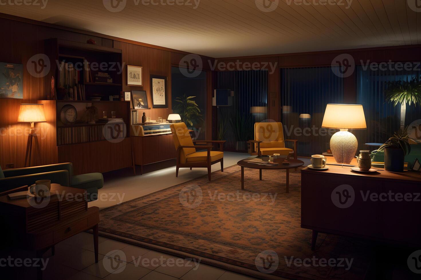 AI generated photorealistic mid century interior at summer night, neural network generated photorealistic image photo