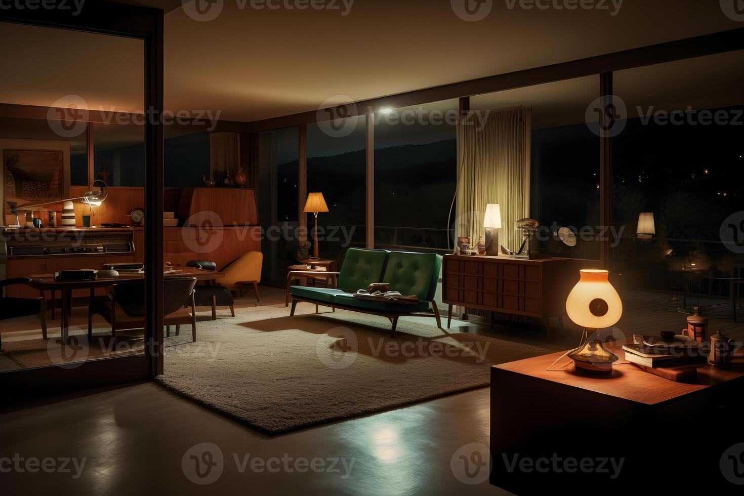 AI generated photorealistic mid century interior at summer night, neural network generated photorealistic image photo