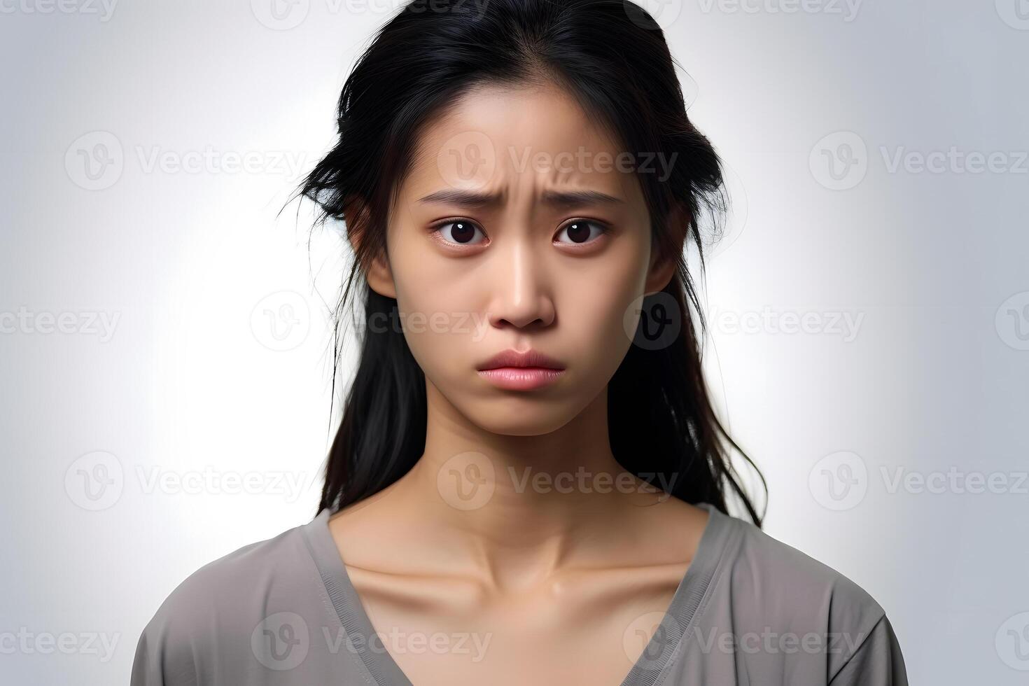 AI generated Sad crying Asian young adult woman portrait on light grey background. Neural network generated photorealistic image photo