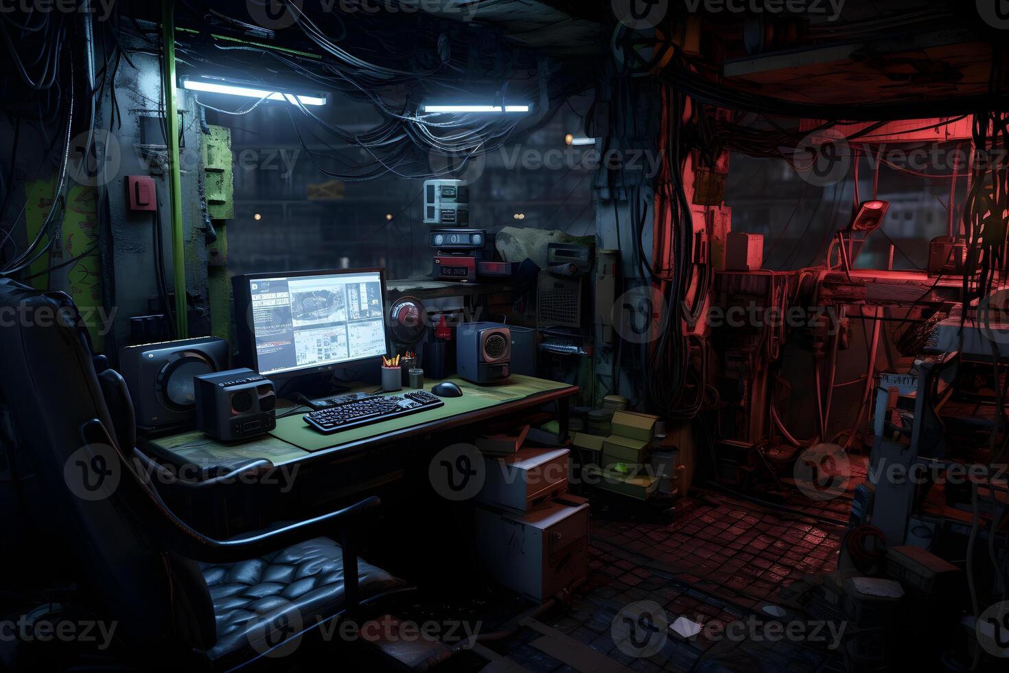 AI generated Messy and dark cyberpunk hacker hideout room. Neural network generated image photo