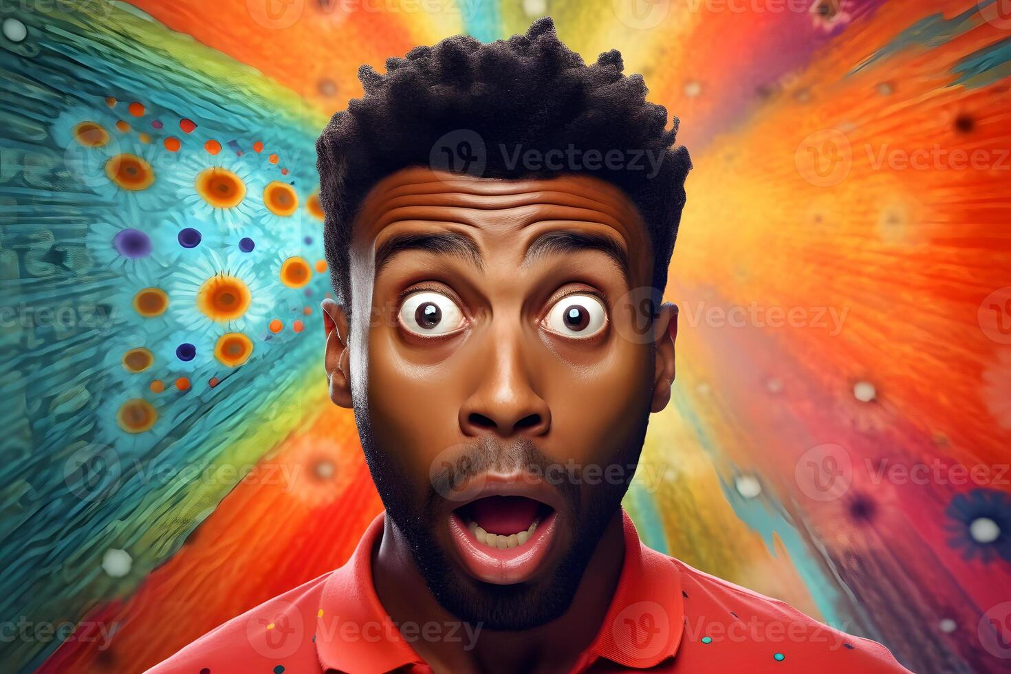AI generated Surprised and scared young adult African American man on colorful background. Neural network generated photorealistic image. photo