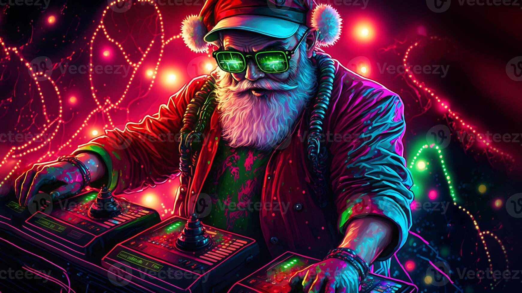 AI generated santa claus playing on analog synthesizer, synthwave style, neural network generated art photo