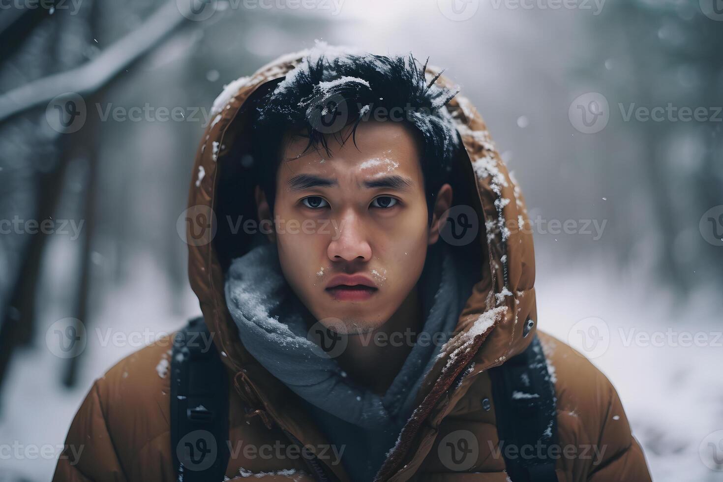 AI generated Asian young adult man lost in forest at snowy winter day, neural network generated photorealistic image photo