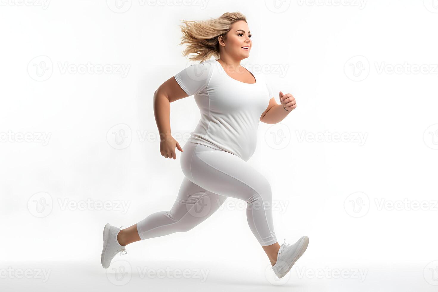 ai generado exceso de peso joven adulto caucásico mujer corriendo en blanco fondo, concepto de exceso de peso y peso pérdida. neural red generado fotorrealista imagen foto