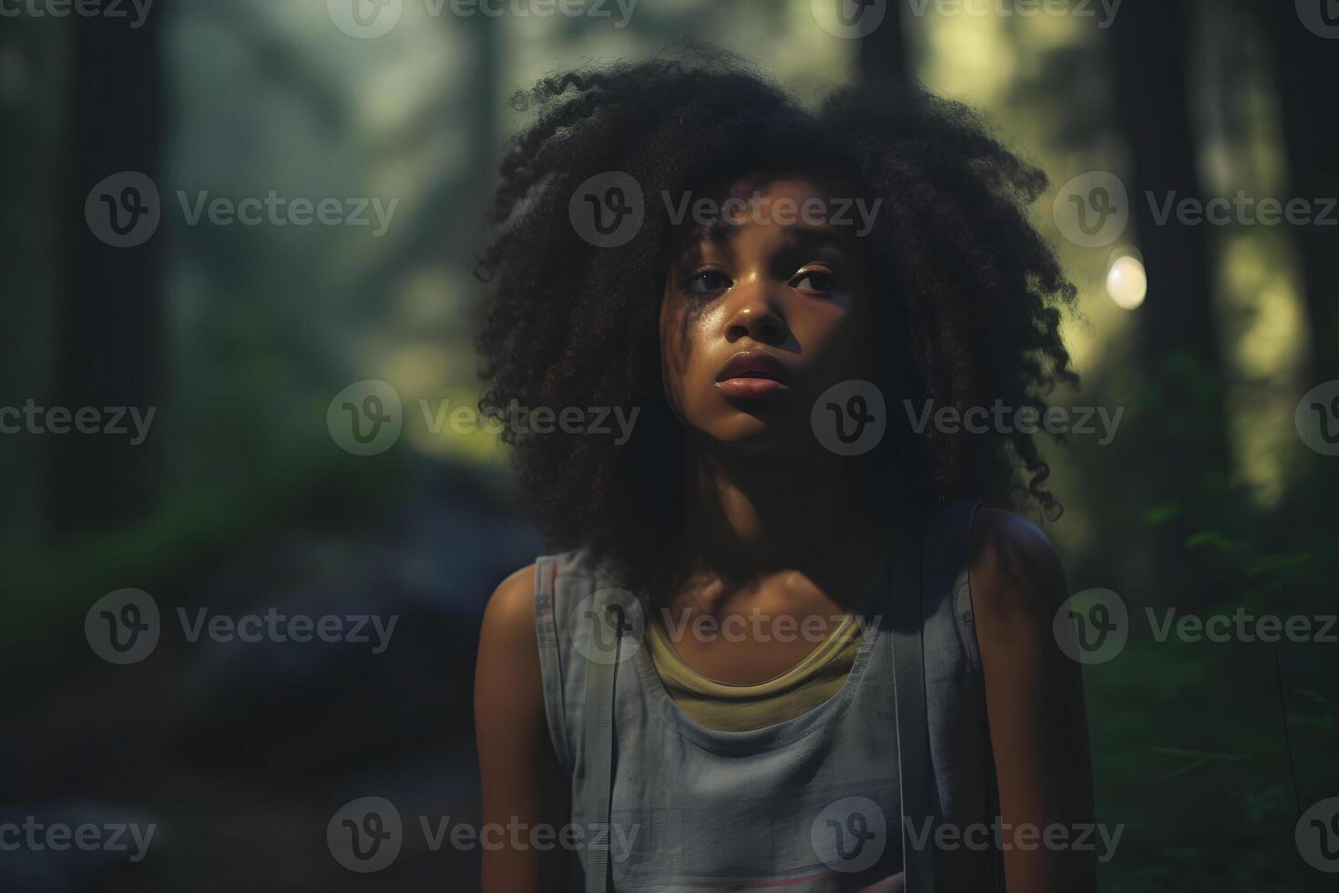 ai generado africano americano niña perdido en bosque a verano, neural red generado fotorrealista imagen foto