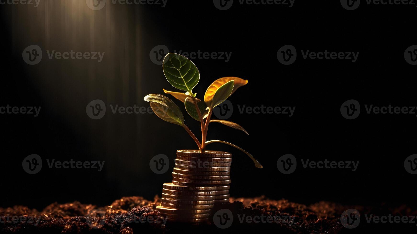 AI generated plant and money growing up on stacks of coins, neural network generated image photo