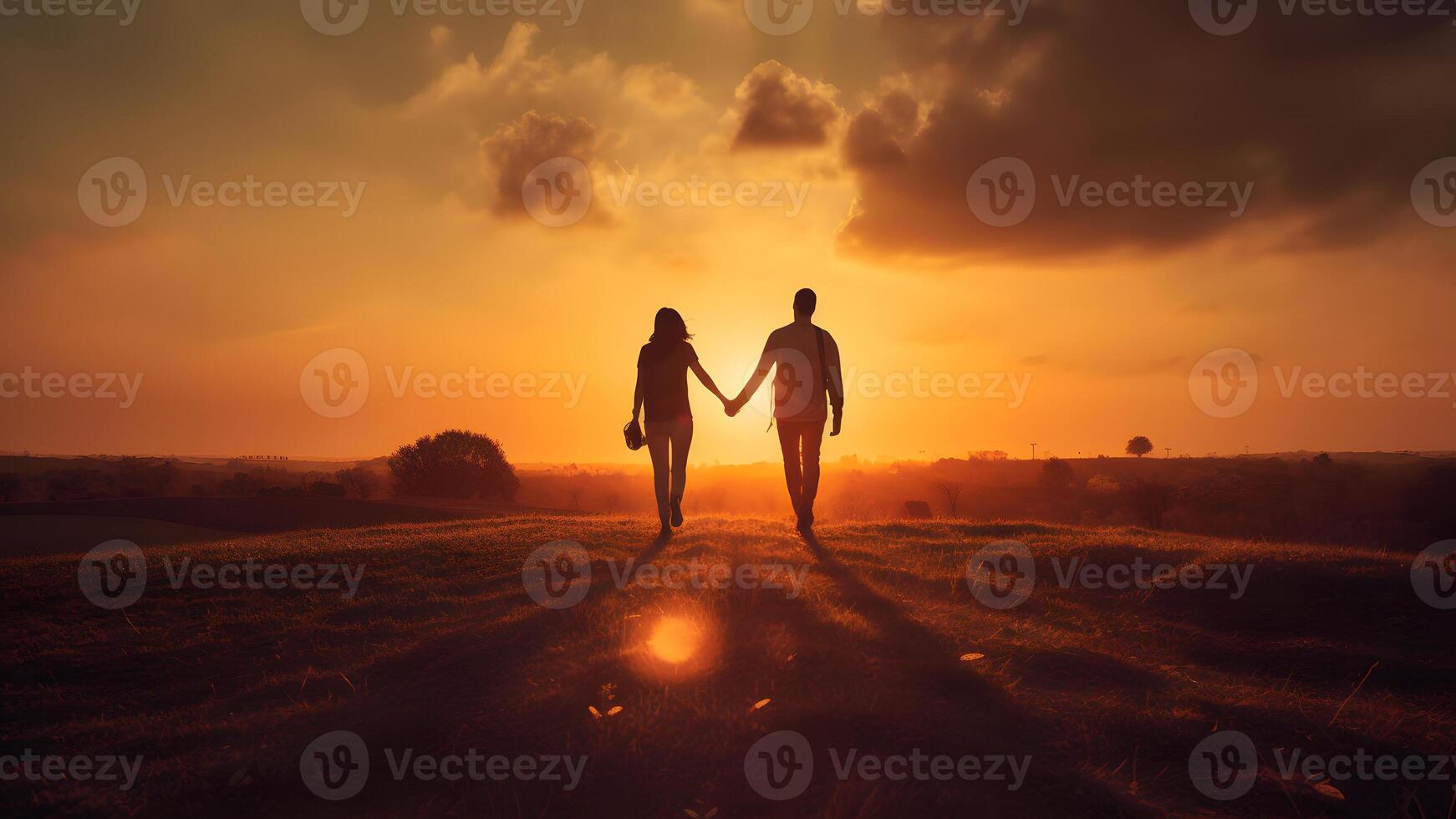 AI generated A heterosexual human couple silhouettes holding hands and walking towards dawn at summer field, neural network generated photorealistic image photo