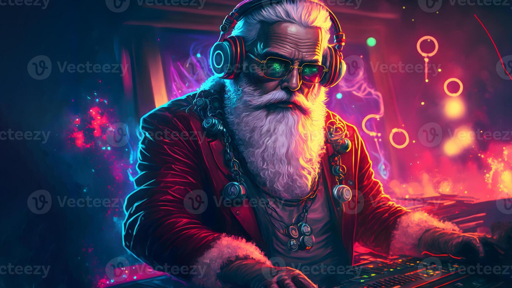 AI generated santa claus playing on analog synthesizer, synthwave style, neural network generated art photo