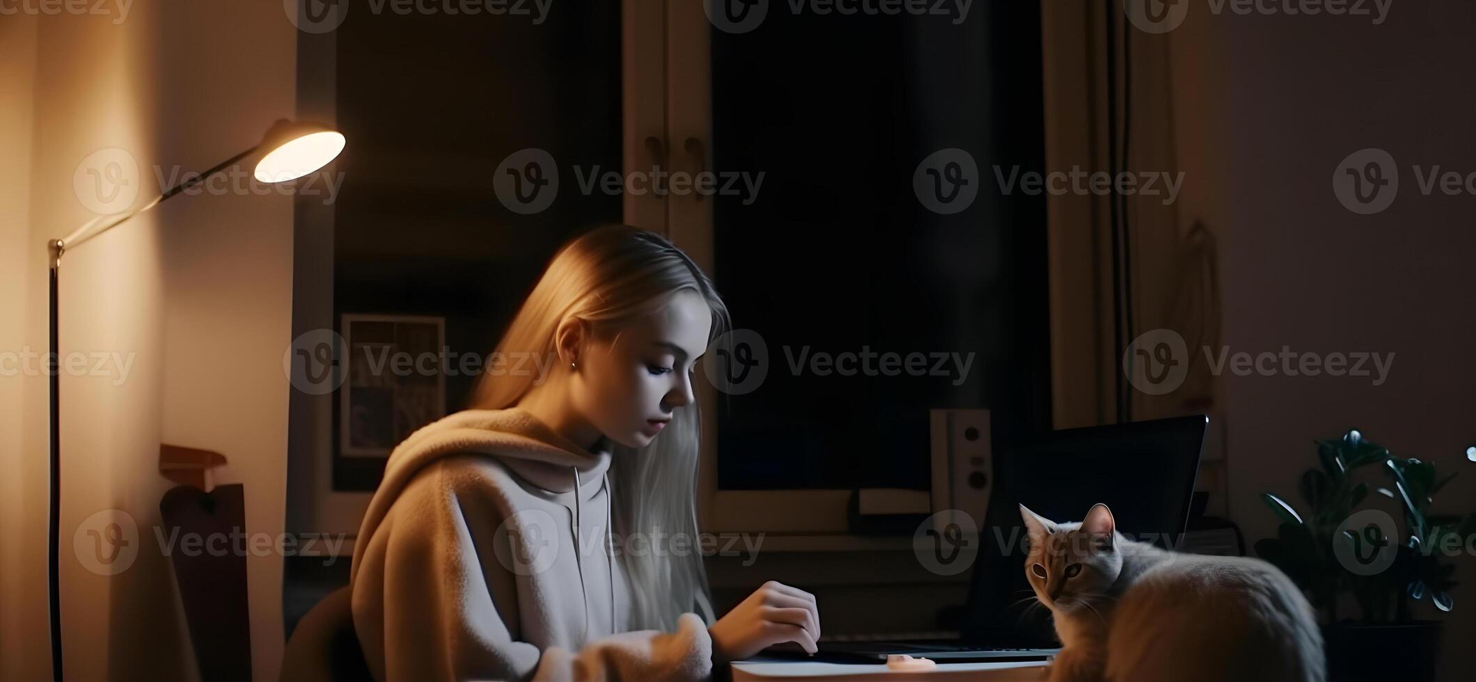 AI generated blonde caucasian girl using laptop sitting at working table with her cat, neural network generated art photo