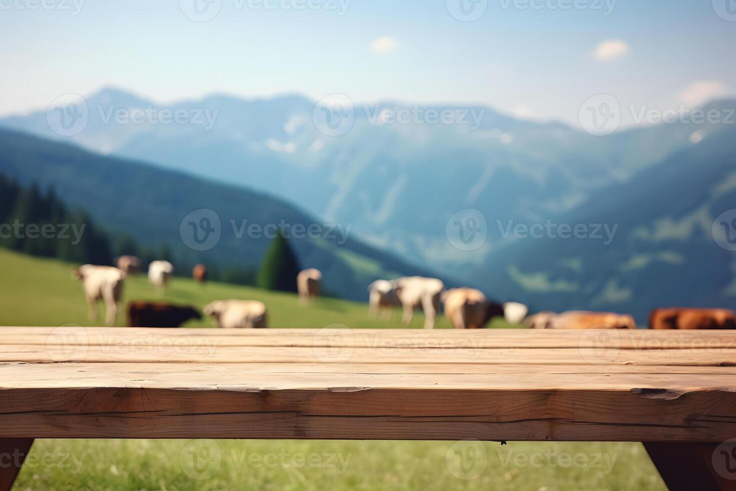 AI generated wooden table on the background of blurred alps green meadow with cows at sunny summer day, neural network generated image photo