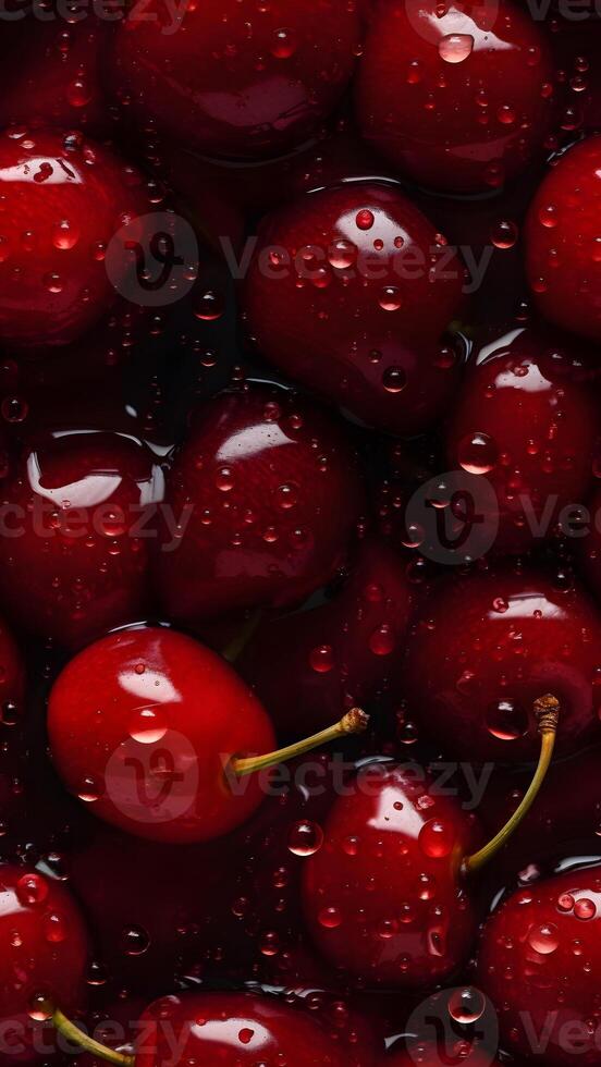 AI generated Fresh red cherry with water drops seamless closeup background and texture, neural network generated image photo