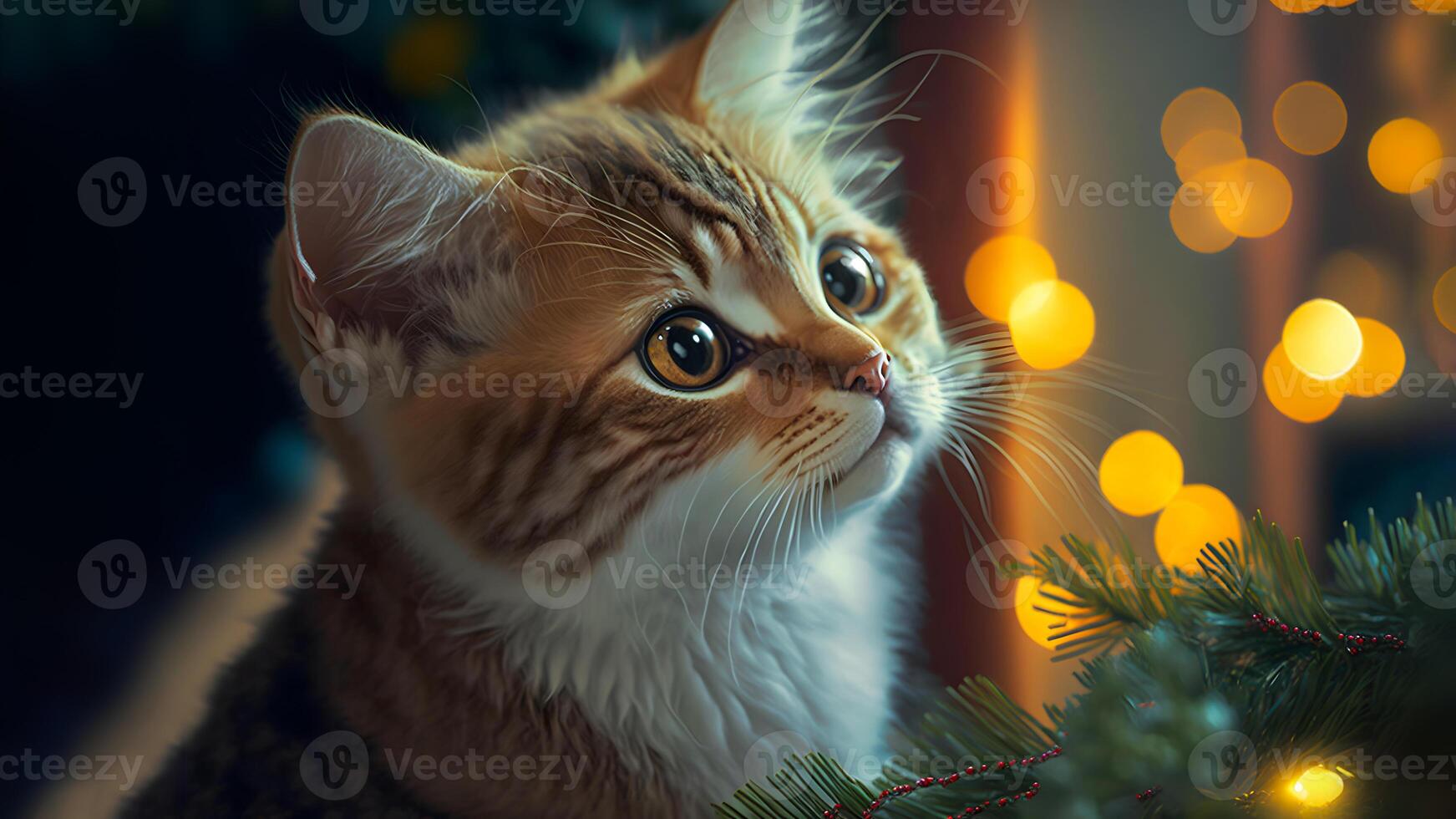 AI generated cute ginger kitten looking at Christmas tree, neural network generated art photo