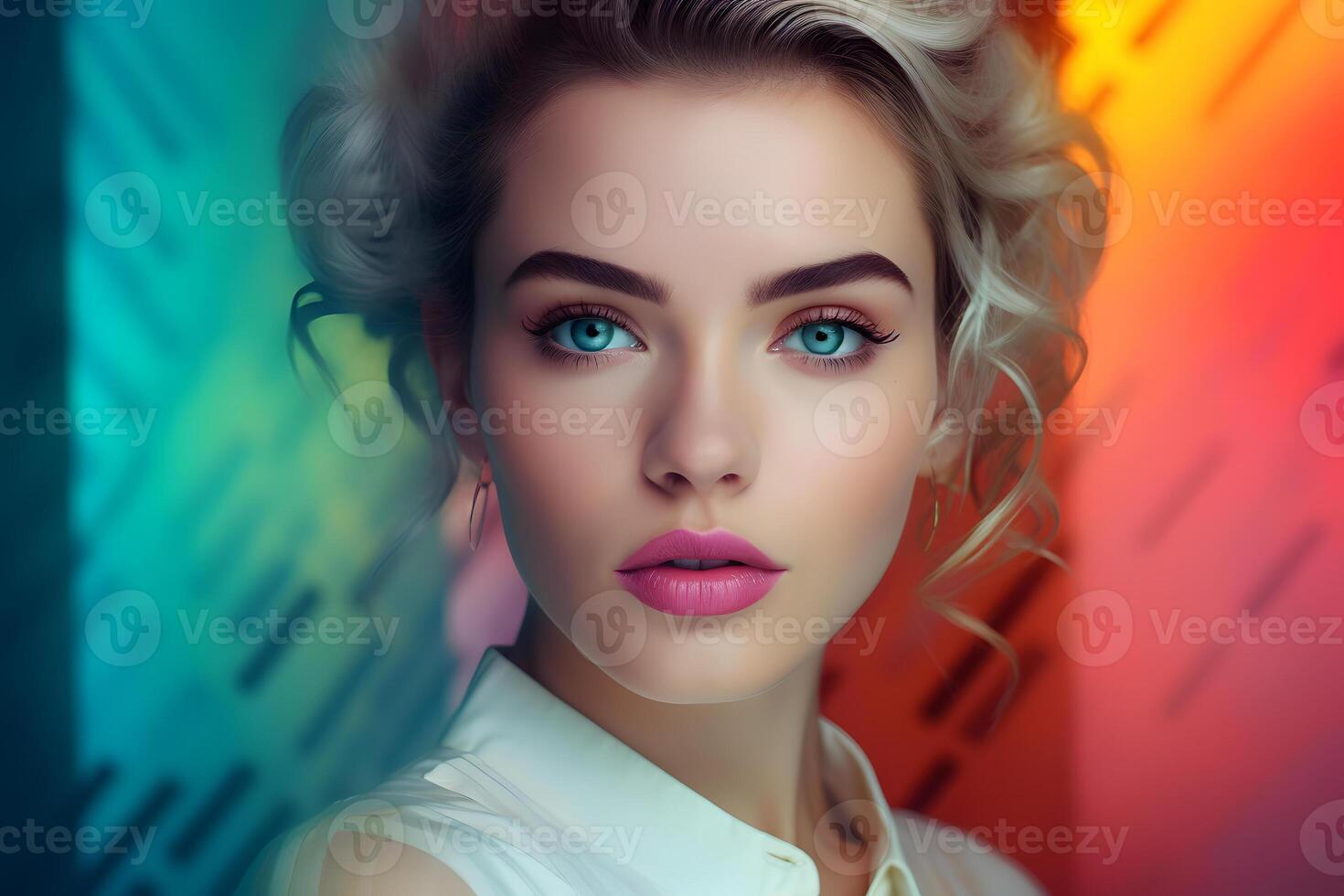 Attractive young adult Caucasian woman on colorful background. Neural network generated photorealistic image. photo