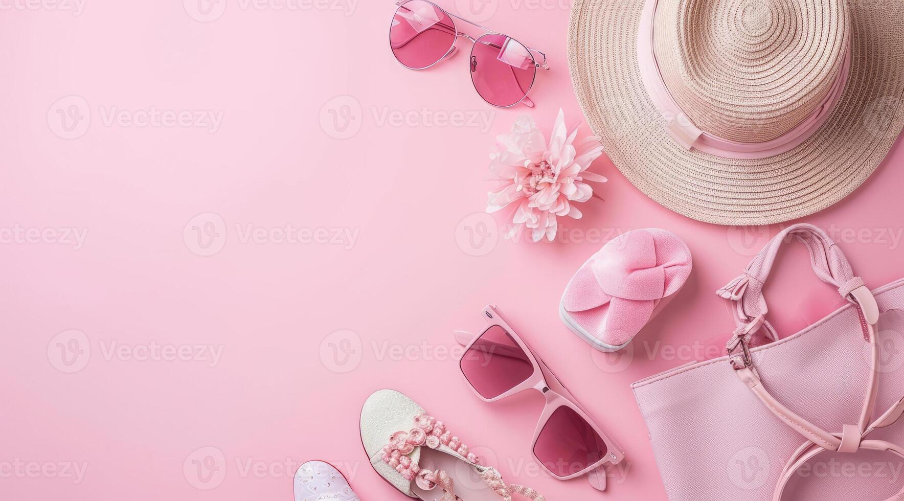 AI generated Stylish fashion vacation accessories in flat lay for vacation on beach in warm countries photo