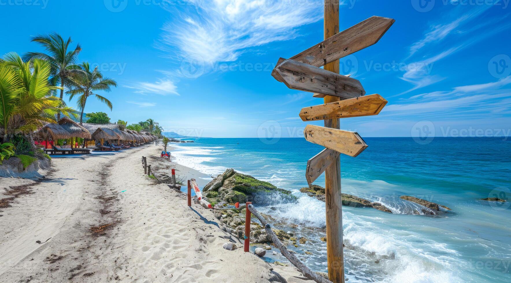 AI generated Sign pointing to the direction of vacation destination with scenic beach and ocean photo