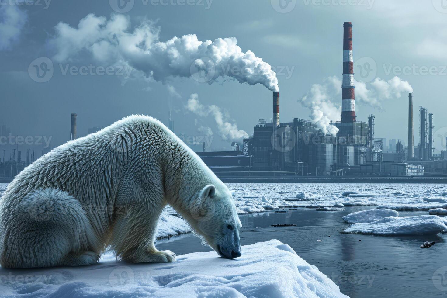 AI generated Climate change, global warming and environmental pollution. Polar bear animal extinction photo